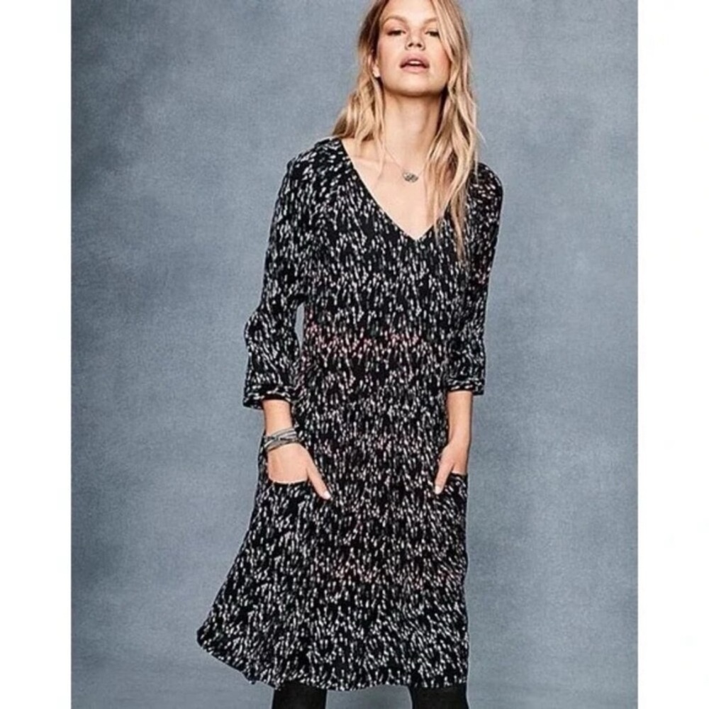 Garnet Hill Easy Boho Pocket Detail Black Crepe Abstract Floral Dress Size 10